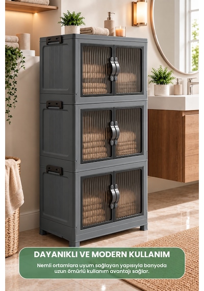 3 Katlı Portatif Organizer Dolap 120 Lt Gri