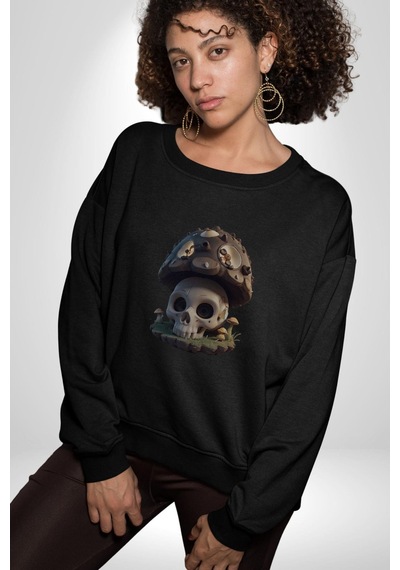Kurukafa Mantar Ev Unisex Siyah Baskılı Sweatshirt Siyah