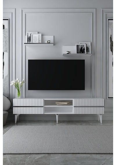 180dhdtrür5bg Tedy Lazer Pleksi Desenli Raflı Tv Sehpası Ünitesi Beyaz-gümüş