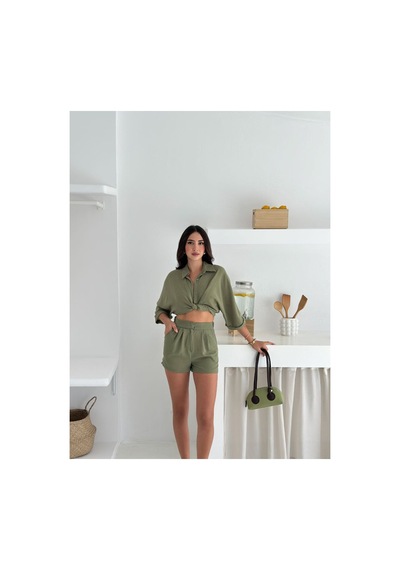 Wellway Keten Kumaş Oversize Gömlek & Şort İkili Takım-haki Haki