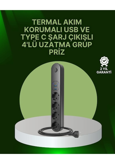 4 Priz 2 Usb 1 Type-c Akım Korumalı Çoklu Priz Led Anahtarlı