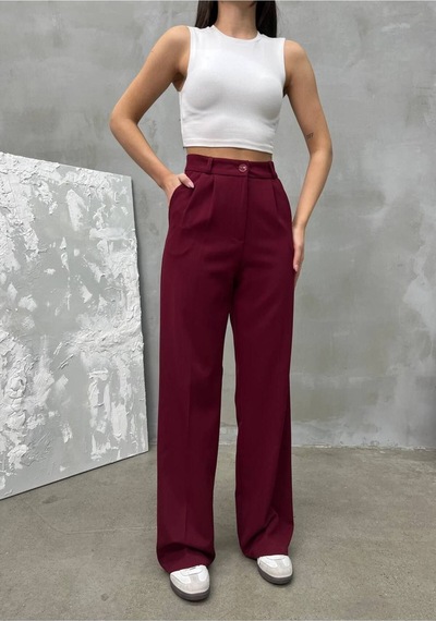 New Journal Kadın Bordo Yüksek Bel Pileli Plazzo Kumaş Pantolon Nwj-1000500018 Bordo