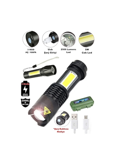 Tak-02 Ultra Güçlü 2500 Lumens + 5w Cob Led Usb Şarjlı El Feneri Kutulu Kamp Feneri Avcılık Pro Siyah