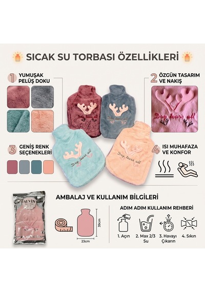 Bakgelal Peluş Sıcak Su Torbası Pembe Geyik Desenli Yumuşak Dokulu Isı Torbası Büyük - 9074914189336 Renkli