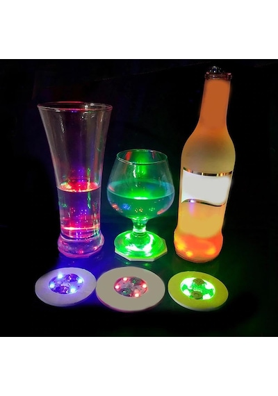Parti Led Şişe Bardak Altlığı 6cm Parlak 4 Led Flaş Dekor Işık 7 Renk Diğer