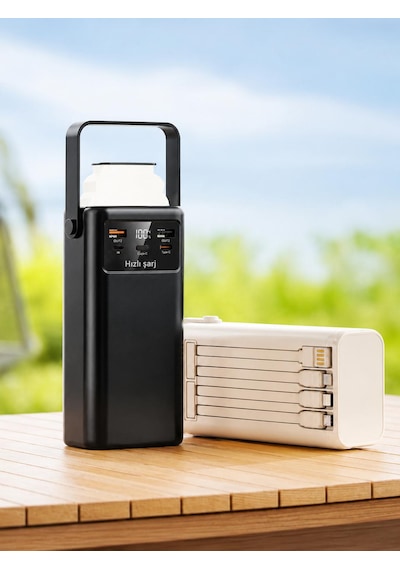 40.000mah Akıllı Hızlı Şarj Powerbank Taşınabilir Güç Kaynağı Fenerli 3 Modludijital Göstergeli 2 Çıkış 2 Giriş Taşınabilir Kollu Type-c-micro Usb-lightning-usb-a Kablolu siyah