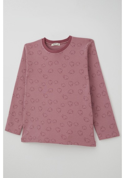 Breeze Kız Çocuk Pijama Takımı Elma Desenli Beli Paçası Lastikli 4-8 Yaş, Gülkurusu