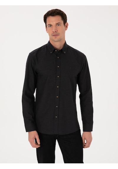 Cacharel Siyah Slim Fit %100 Pamuk Yakası Düğmeli Flanel Gömlek