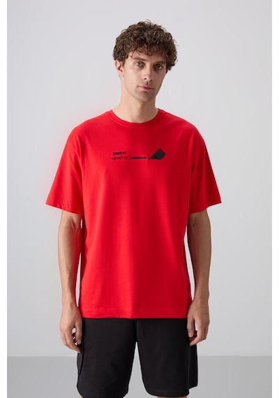 Tommy Life Fiesta Pamuklu Kalın Yumuşak Dokulu Oversize Fit Baskılı Erkek T-shirt - 88330 Kirmizi