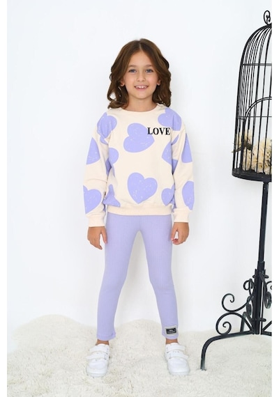 My Kids Wear Kalp Baskılı Kız Çocuk Alt Üst Takım Gri - Pudra