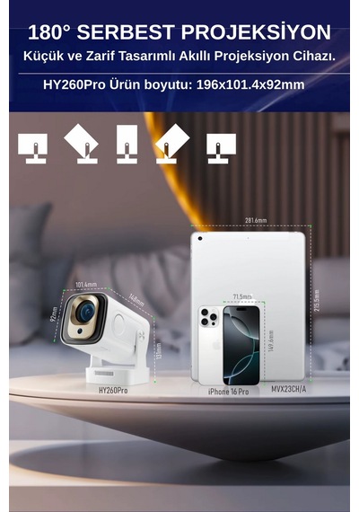 Wearfitpro Hy260 Pro 1080p Ultra 4k Kısa Mesafeli Projeksiyon Cihazı Android Wifi Otomatik Odaklı Projektör