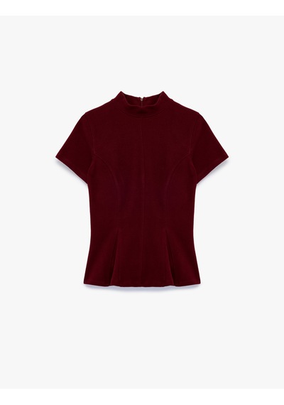 Koton Slim Fit Dokulu Dik Yaka Kısa Kollu Peplum Bluz Bordo 7wak50107ek