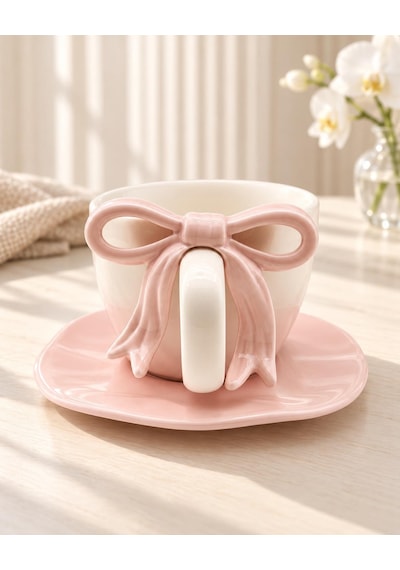 Valkyrie Ribbon Serisi 2 Parça 380 Ml Pembe Fiyonklu Tabaklı Çay Kahve Kupa Fincan Seti