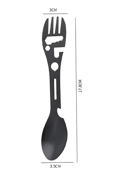 2'li Paket 5'i 1 Arada Spork Seti Paslanmaz Çelik Kamp Çatal Kaşık Bıçak Şişe Açacağı Outdoor Mkmp-0044 Siyah