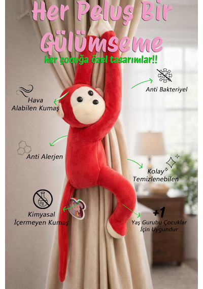 Maymun Yapışkanlı Vikvik Sesli 60cm - Maymun Peluş Oyuncak Açık Kırmızı