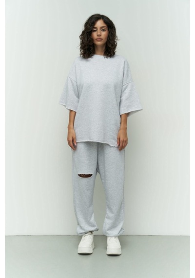 Mai Collection Mai Studios Co. Lion Karmelanj Oversize T-shirt Yırtıklı Eşofman Takım Gri