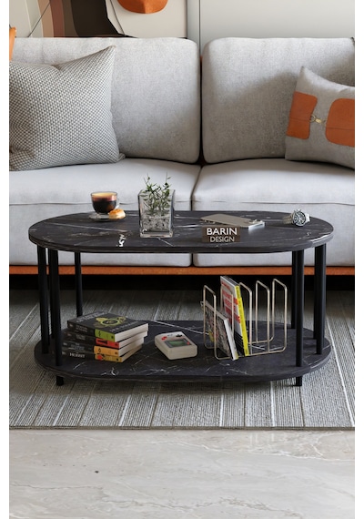 Modern Oval Orta Sehpa Çift Katlı Metal Ayaklı Salon, Ofis, Dekoratif Sehpa, Kahve Sehpası Siyah
