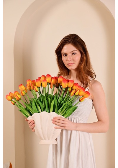 Turuncu Yapay Tulipa Lale Çiçeği Buketi 5 Dallı Premium Canlı Islak Dokulu 43 Cm