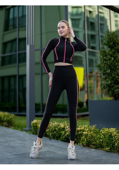 Lismina Neon Pembe Biyeli Siyah Uzun Kollu Spor Ceket
