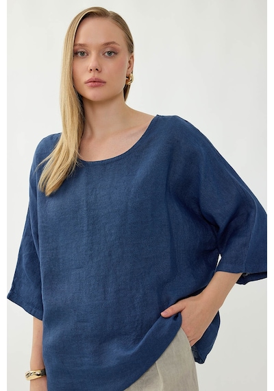 Vitrin %100 Keten Geniş Yaka Oversize Kısa Kol Bluz Lacivert
