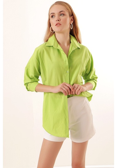 Hiccup Bdart Oversize Uzun Kollu Poplin Gömlek Limon Yeşili