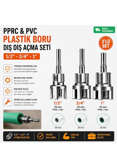 Pprc & Pvc Plastik Boru Dış Diş Açma Seti 3'lü Profesyonel Set 1/2" 3/4" 1"