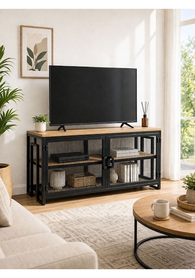 Uykula Tv Sehpası 90 Cm Metal Ayaklı Ahşap Üstlü Raflı Modern Tv Ünitesi Siyah