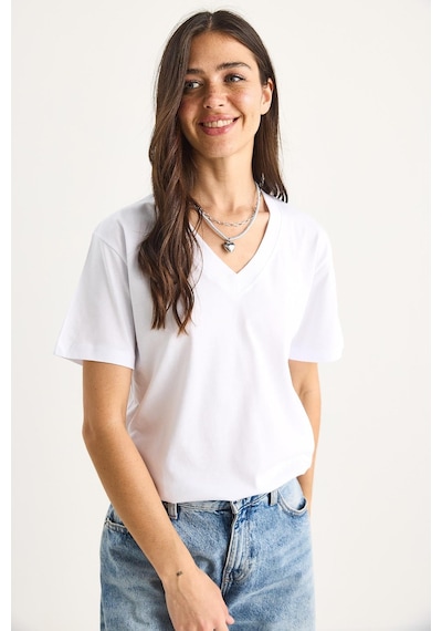 Shade Pamuk Derin V Yakalı Comfort Fit T-shirt 60602066 - Beyaz L