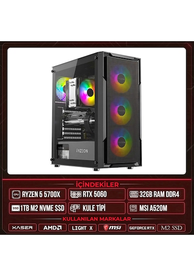 Xaser LIGHT X10 R7-5700X 32 GB 1 TB M.2 NVMe SSD 8 GB RTX5060 Free Dos Masaüstü Oyuncu Bilgisayarı