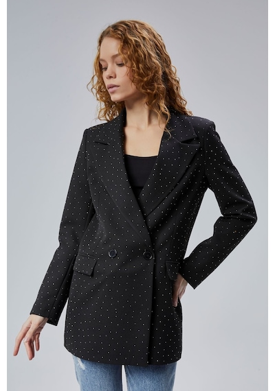Siyah Regular Dokuma Astarlı Taş Detaylı Blazer Ceket Siyah
