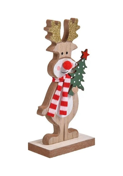 Yılbaşı Süsü Dekoratif Simli Boynuzları, Elinde Çam Ağacı İle Ahşap Atkılı Geyik Biblo Figür - 15 Cm 45