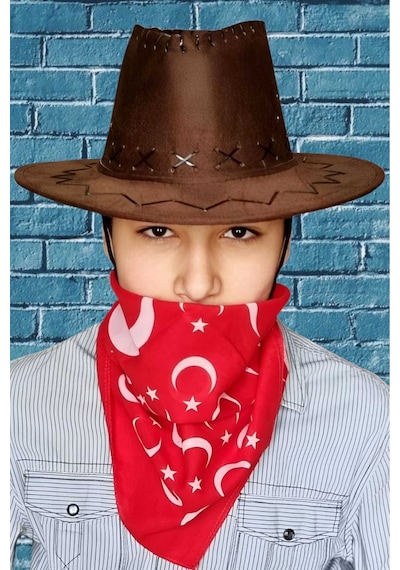 Uniquetrenders Çocuk Unisex Bandanalı Nubuk Kovboy Şapkası 8-14 Yaş Kahverengi 4