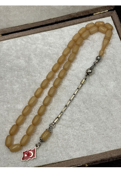 Alpaka Türk Bayrağı Uçlu Sıkma Kehribar Tesbih Krem, 7x11 Mm