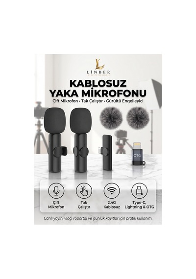 Kablosuz Tüylü Siyah Yaka Mikrofonu Type-c İos Uyumlu 2 Li Set Tak Çalıştır Siyah Siyah