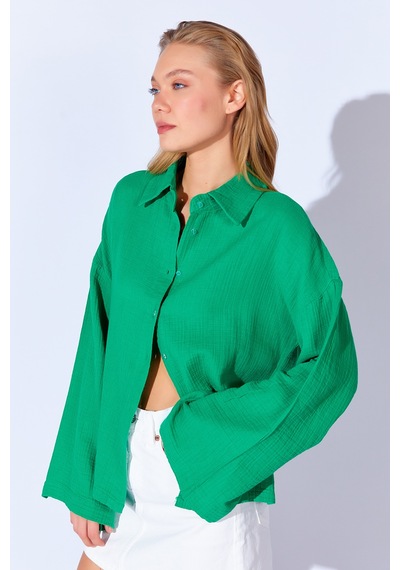 Manche Benetton Kolları Salaş Yıkamalı Müslin Oversize Rahat Kalıp Kadın Basic Gömlek Mks166881-01 Manche Benetton Kolları Salaş Yıkamalı Müslin Oversize Rahat Kalıp Kadın Basic Gömlek Mks166881-01
