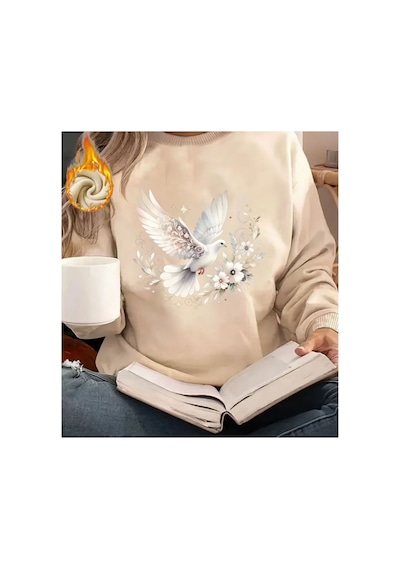 Herkesemoda Güvercin Baskı Detaylı Bisiklet Yaka Sweatshirt Bej