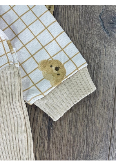 Bebicix Kaşkorse Esnek Papyonlu Ayıcık Figürlü Patikli Çıtçıtlı Erkek Bebek Tulum Kahve