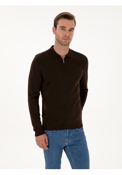 Cacharel Kahverengi Regular Fit Yün Karışımlı Fermuarlı Polo Yaka Basic Triko Kazak