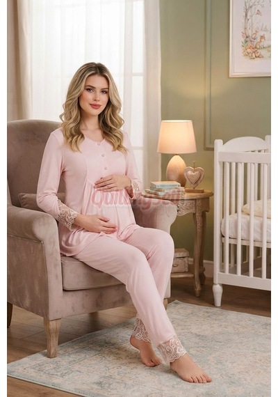 Quilling Lady Bebe Pembe Renkli Dantel Detaylı, 33204 Uzun Kol, 2 Parça Lohusa Hamile Pijama Takımı Açık Pembe M - L