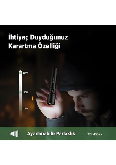 250 Lümen 5w Led El Teleskopik Zoom Sos Modlu Metal Gövdeli Şarj Edilebilir Uzun Menzilli Çok Renkli