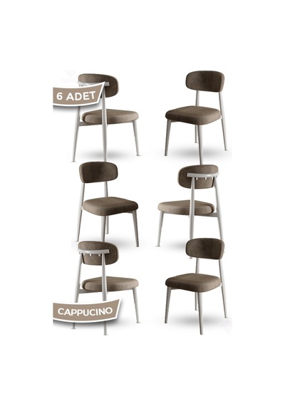Canisa Laos Serisi 6 Adet Cappucino Mutfak Sandalyesi Beyaz Metal İskeletli 1. Sınıf Babyface Kumaş Cappucino Sandalye Ayaklar Beyaz