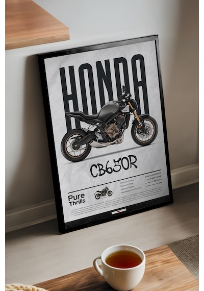 Honda Cb650r Siyah Ahşap Çerçeveli Poster, Dekoratif Motosiklet Duvar Tablosu
