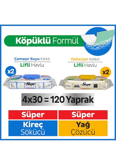Sleepy Easy Clean Süper Yağ Çözücü&Kireç Sökücü Yüzey Temizlik Havlusu&Mendili 4x30 (120 Yaprak)