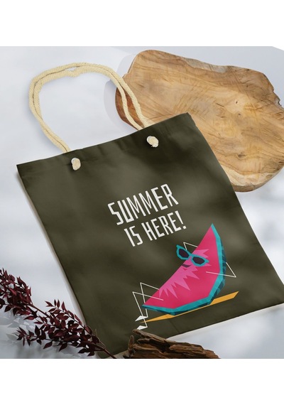 Bk Gift Yaz Temalı Haki Halat Saplı Kumaş Plaj Çantası -10, Baskılı Omuz Çantası, Alışveriş Çantası, Arkadaşa Hediye, Sevgiliye Hediye Gri