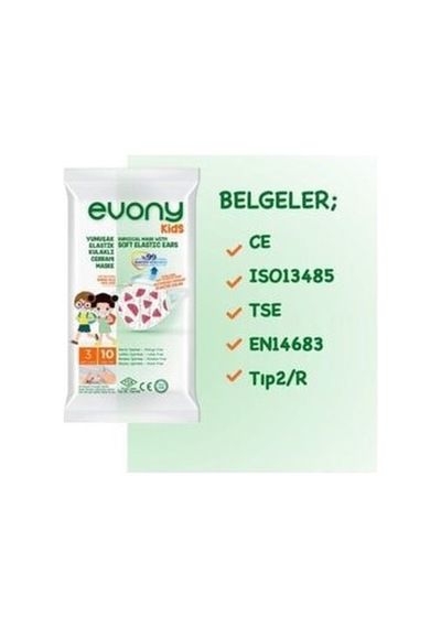 Evony Yumuşak Elastik Kulaklı 3 Katlı Telli Cerrahi Maske Kids Çocuk 10'lu X 16 Adet