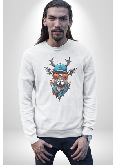 Güneş Gözlüğü Savaşcı Geyik Unisex Beyaz Baskılı Sweatshirt Beyaz