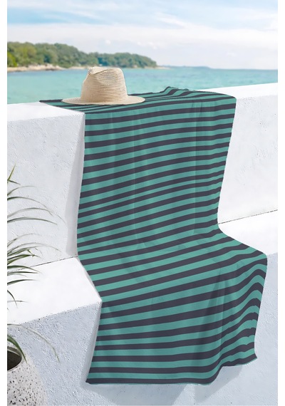 Çizgili Marine Modern Plaj Havlusu - Turkuaz Lacivert Minimalist Hızlı Kuruyan Mikrofiber Havlu Çok Renkli