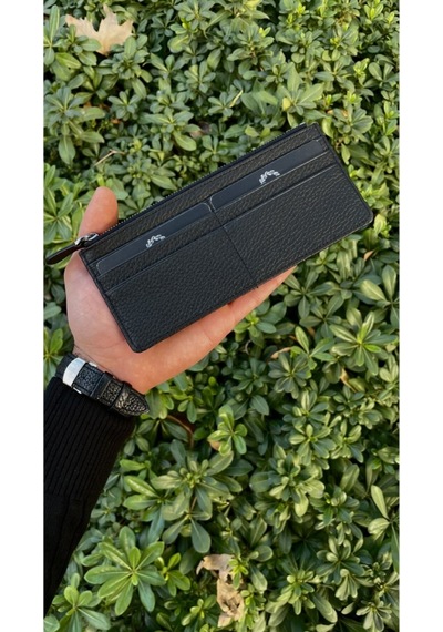 Mat Black Peony Hakiki Deri Telefon Cüzdanı Siyah