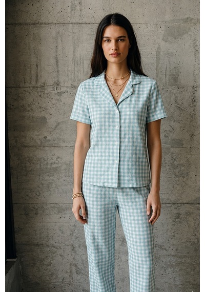 V Yaka Düğmeli Casual Su Yeşili Pijama Takımı