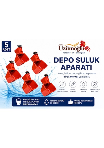 10 Parça Ekonomik Set 5 Adet Depo Yemlik Aparatı + 5 Adet Depo Suluk Aparatı Kova, Bidon Ve Varil Uyumlu Kanatlı Yemlik Suluk Sistemi